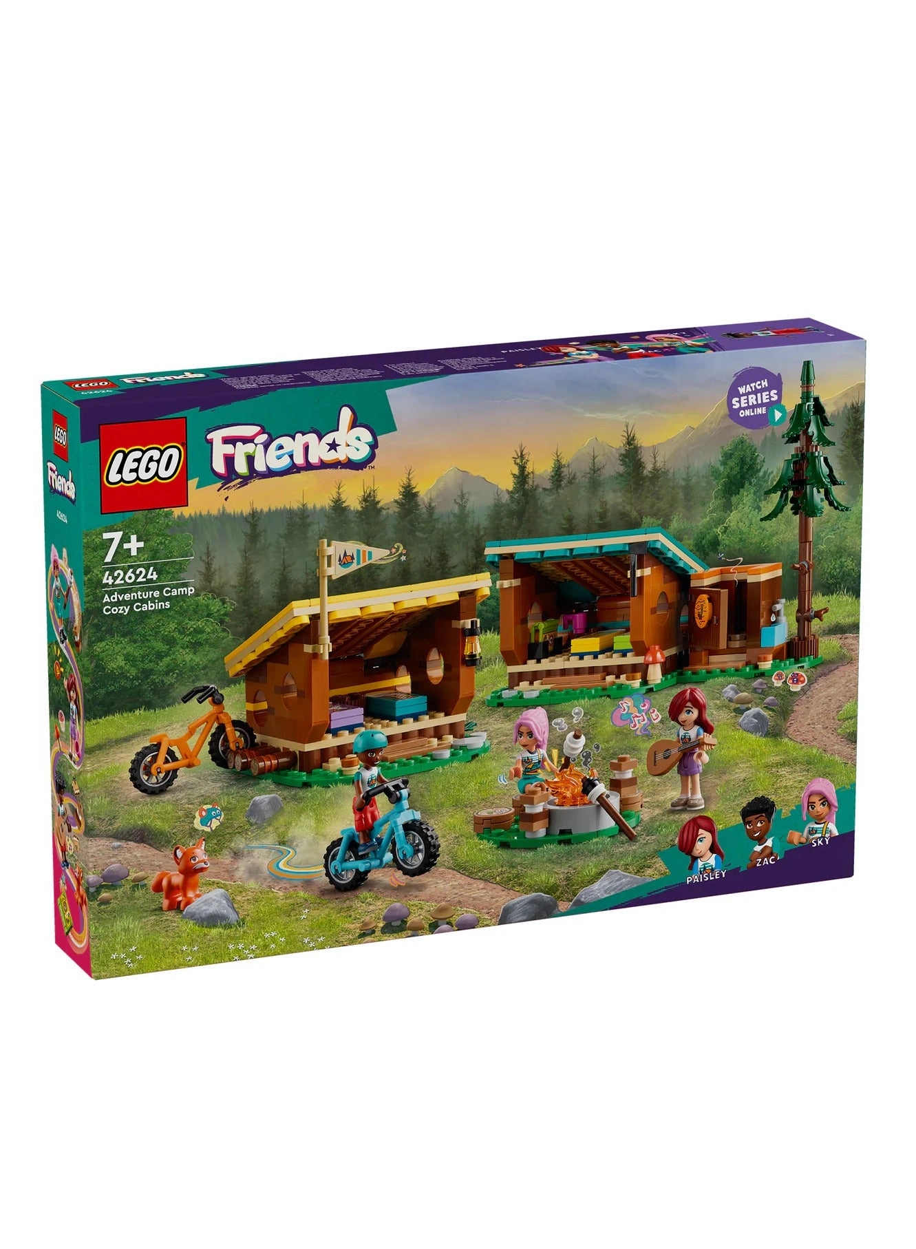LEGO Friends Adventure Camp Cozy Cabins (42624) - 3 mini dolls fox 2 mountain bikes