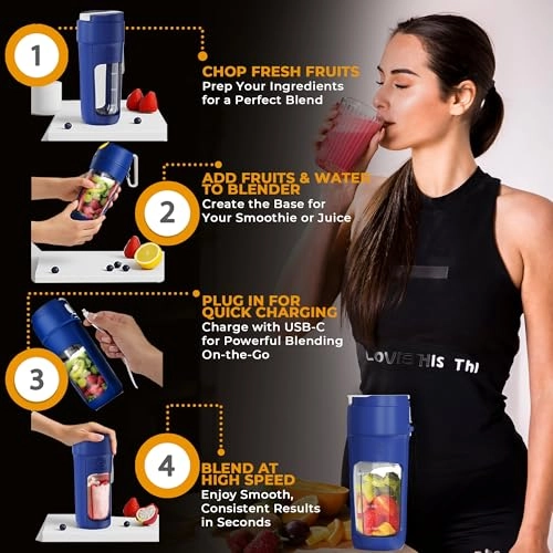 Portable Blender Bottle - Cordless USB-C Stainless Steel Blade BPA Free