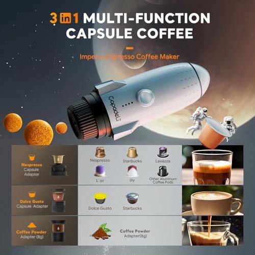 Portable Espresso Machine - 80 Milliliters ground coffee & Nes presso/DolceGusto capsule