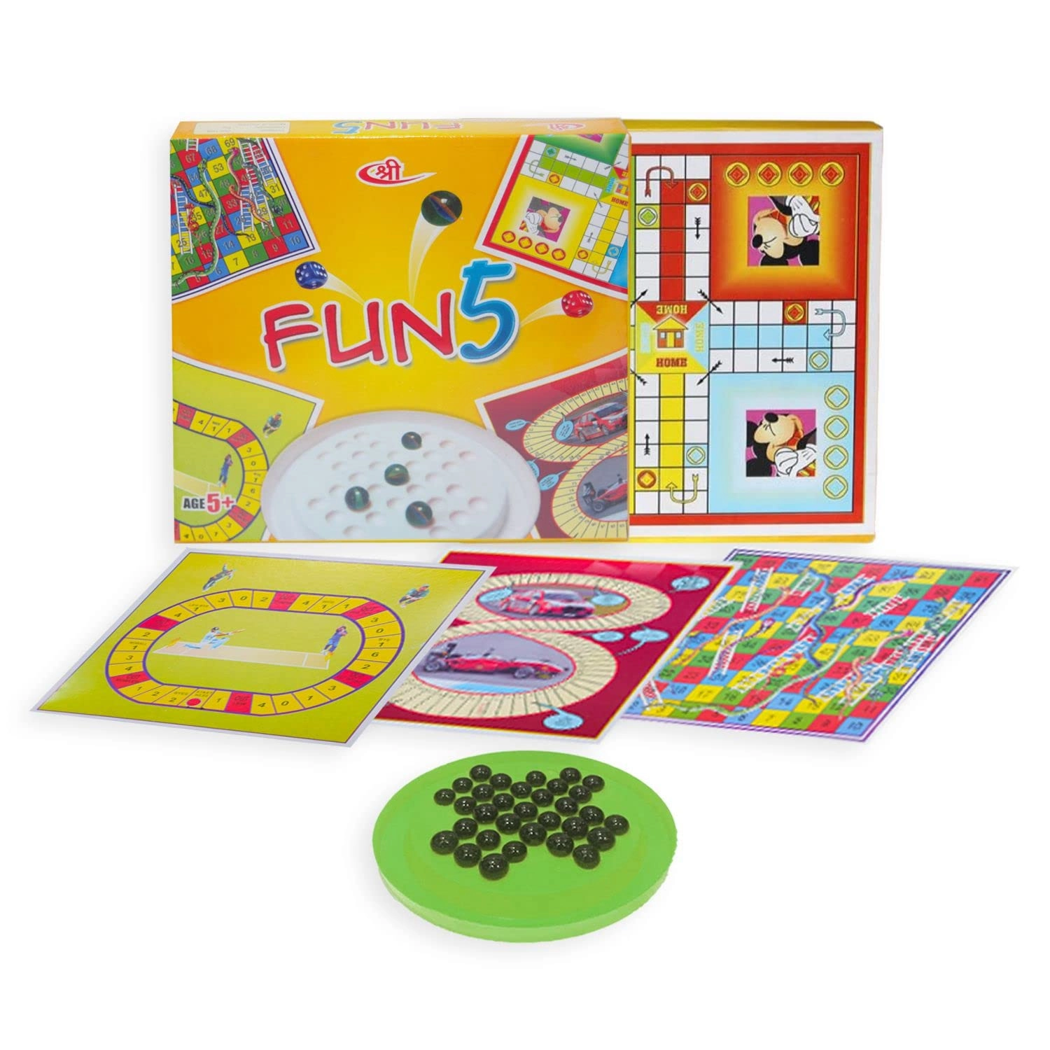 Kids Mandi Five in One Fun - Brainvita Ludo Snake and Ladder Racing Cricket
