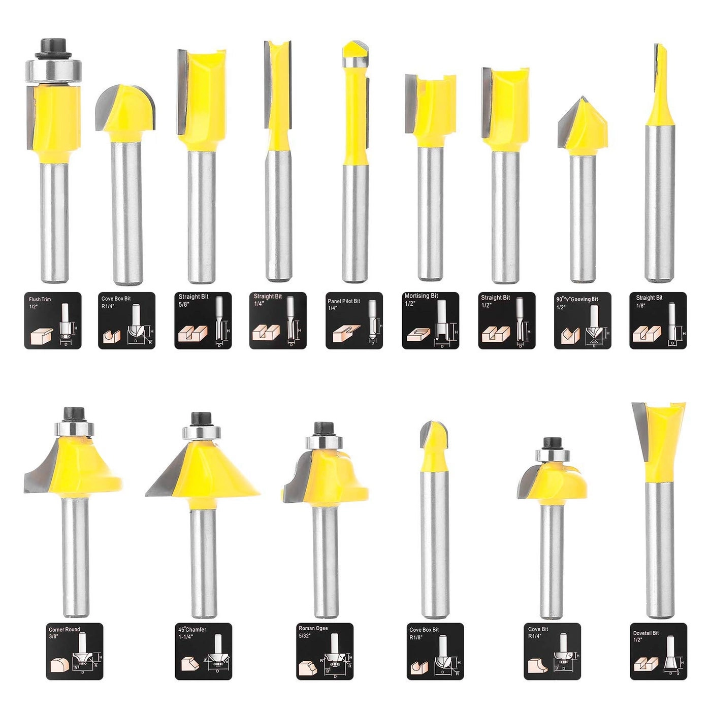 Router Bits - 1/4 Inch 15 Pieces