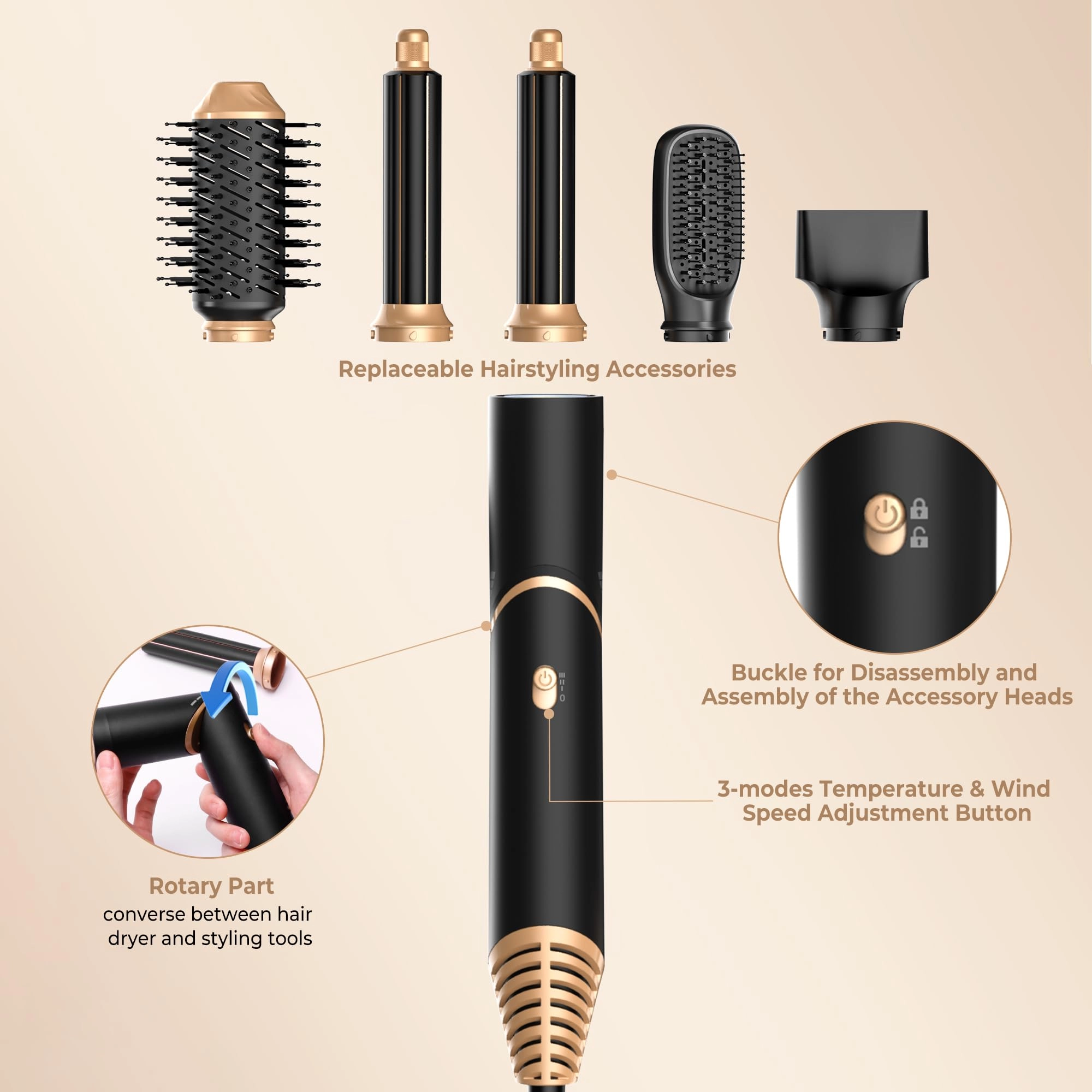 5 in 1 Hair Dryer Brush Set - Gold 700 watts