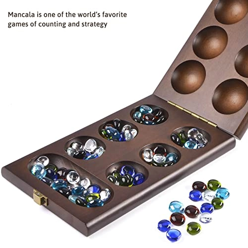 Mancala - Wooden Folding 728 Bonus Multi Color Glass Stones