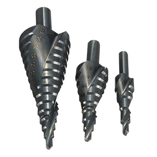 Spiral Grooved Step Drill Bit Set - High Speed Steel Titanium Coated 3pcs 4-32mm/4-20mm/4-12mm