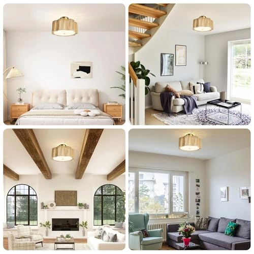 LED Rattan Farmhouse Chandelier - 3-Light Semi Flush Mount 33.5cm