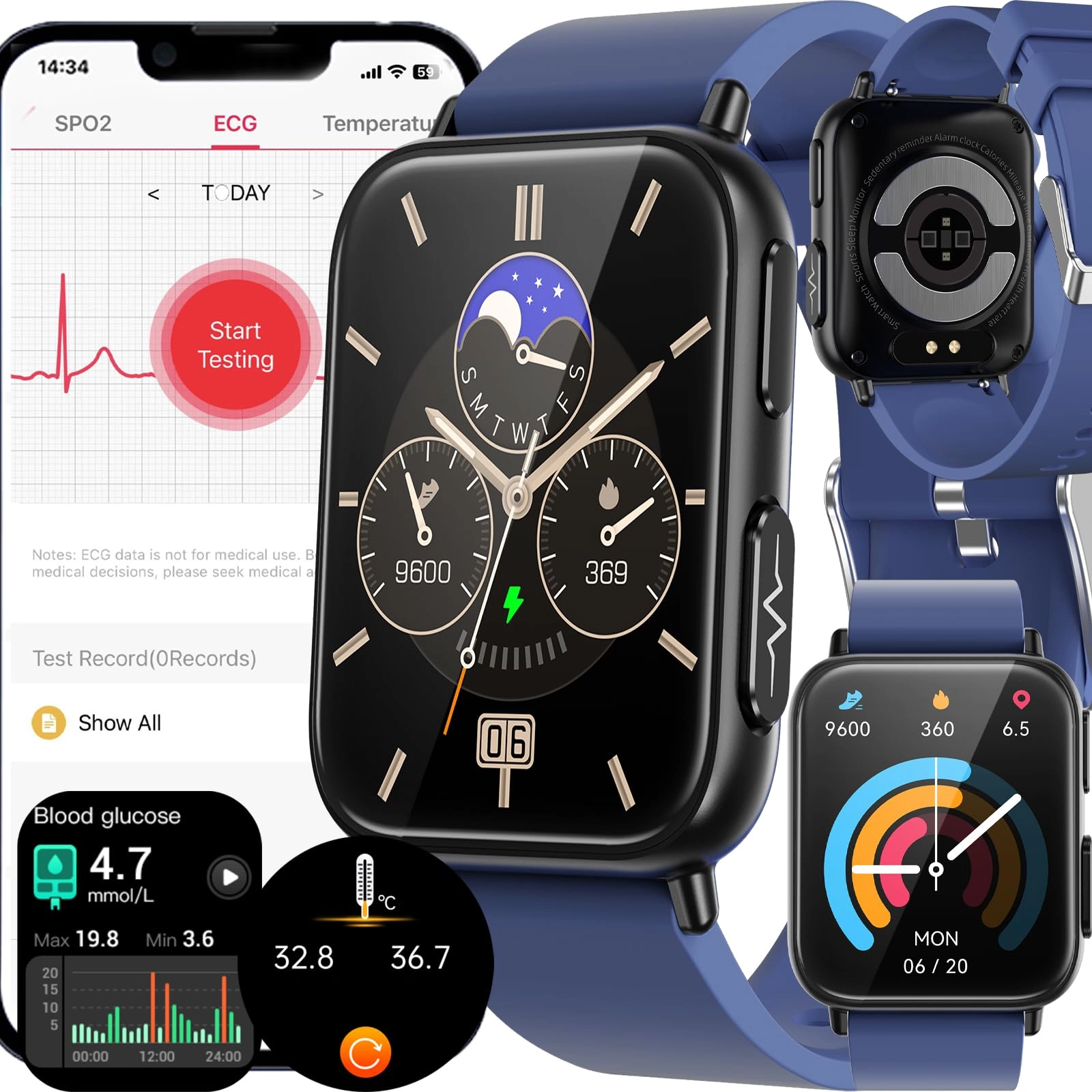 Blood Glucose Smart Watch - ECG HRV 20 Sports Modes