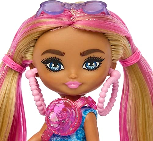 Barbie Extra Mini Minis - 3.25-inch Pink-Streaked Blonde Pigtails Blue Dress Ages 3+