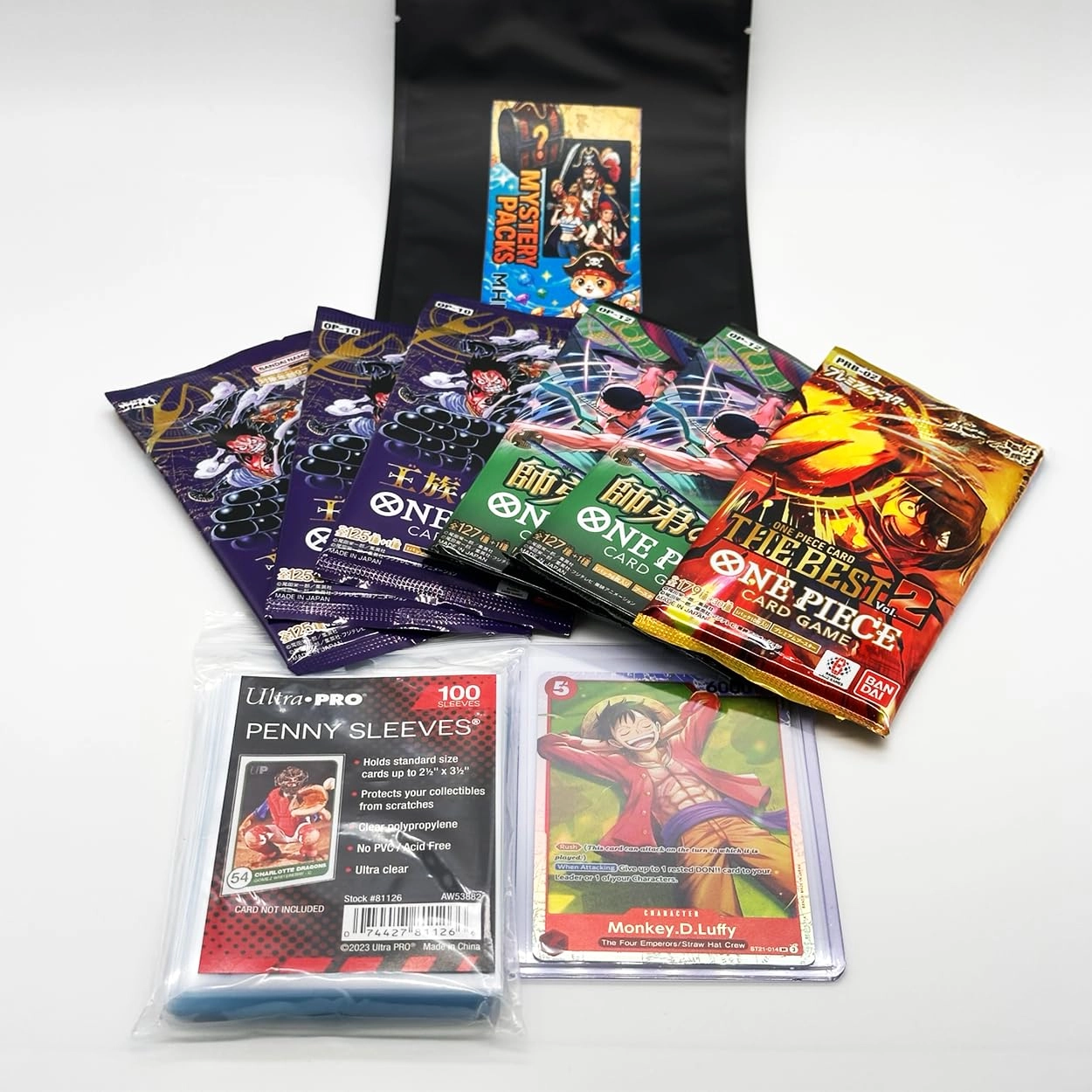 MHM One Piece Card Game Booster Pack - 6 Sealed (OP-09/OP-10/OP-13) + Ultra Pro Card Sleeves - 100pcs