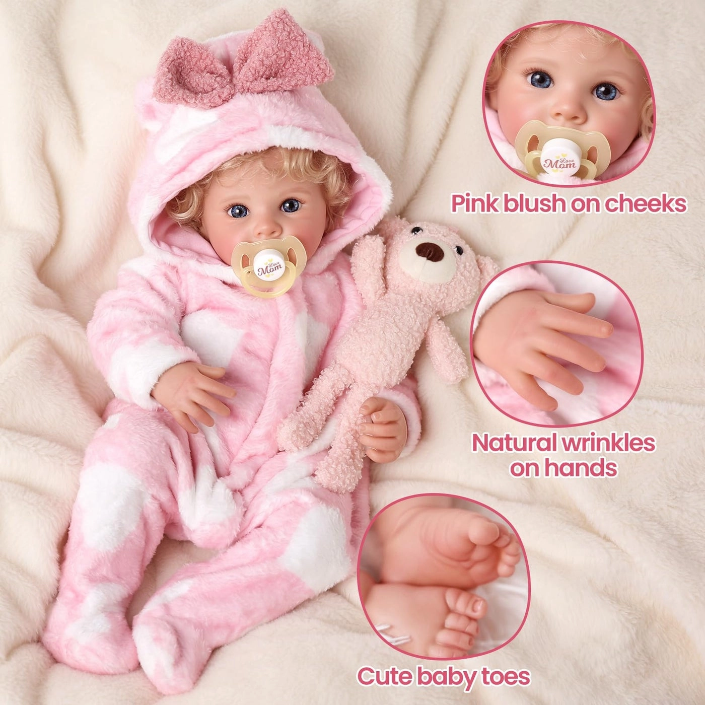 Reborn Baby Doll - 20 Inch Silicona Blond Curly Hair Ages 3+