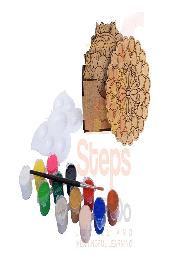 Mandalas Paint Kit D - Set of 6 Bases (4 Inch) with Case, Colours, Painting Brush & Dish