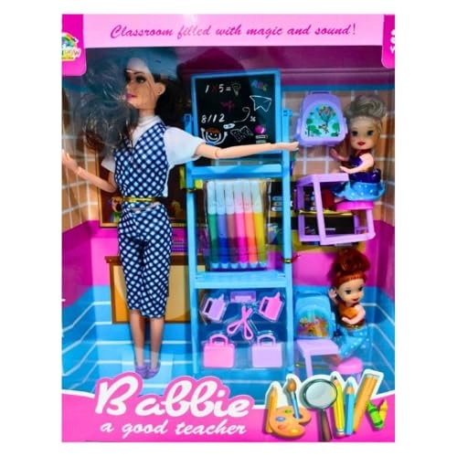 Teacher Doll - Folding Hands + Baby Dolls - 2 + Study Table - 2 + Study Board - 1 Ages 3+
