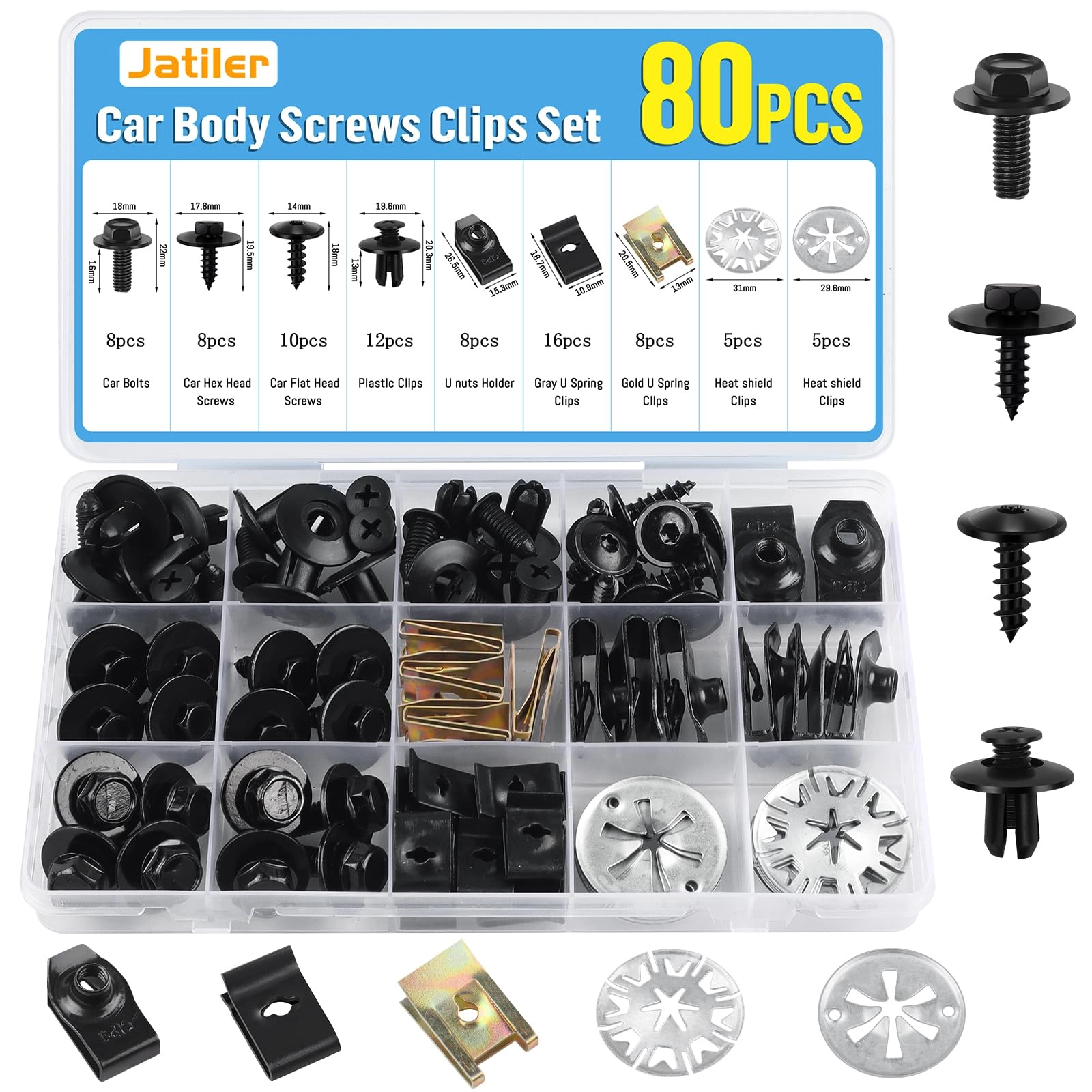 jatiler Car Screw and Nut Clips Kit - 80 Pieces Metal Nylon