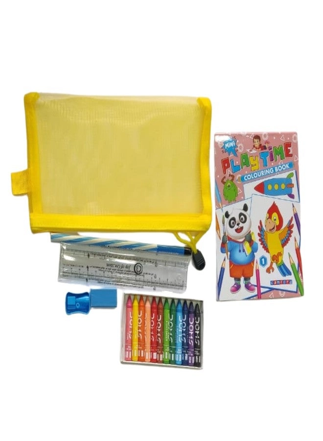 Colouring Book + Pouch + Pack of Wax Colours + Pencil + Sharpener + Eraser + Scale - 1 Colouring Book, 1 Pouch, 1 Pack of Wax Colours (12 Shades), 1 Pencil, 1 Sharpener, 1 Eraser, 1 Scale