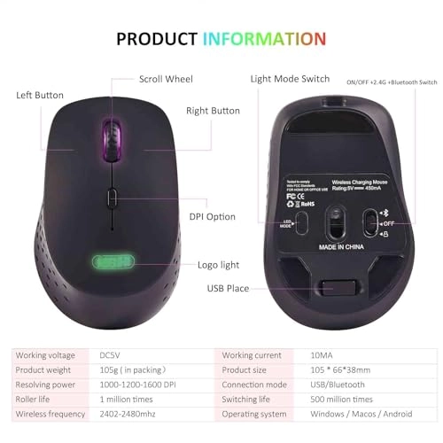 2.4GHz Rechargeable Wireless LED Mouse - Bluetooth
