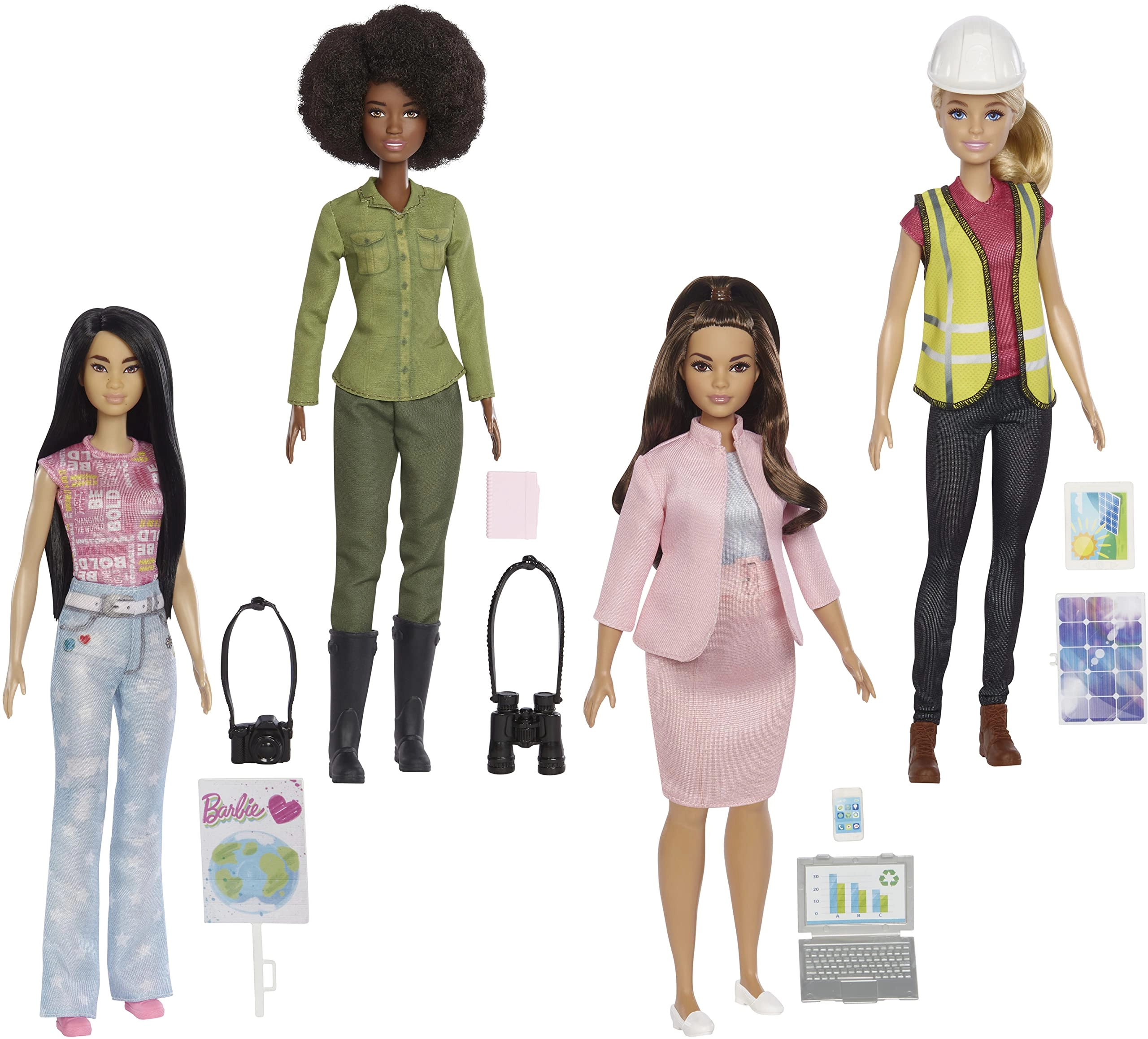 Barbie Conservation Scientist - Binoculars Notebook + Renewable Energy Engineer - Solar Panel Tablet + Chief Sustainability Officer - Laptop Cell Phone + Environmental Advocate - Camera Sign Ages 3+