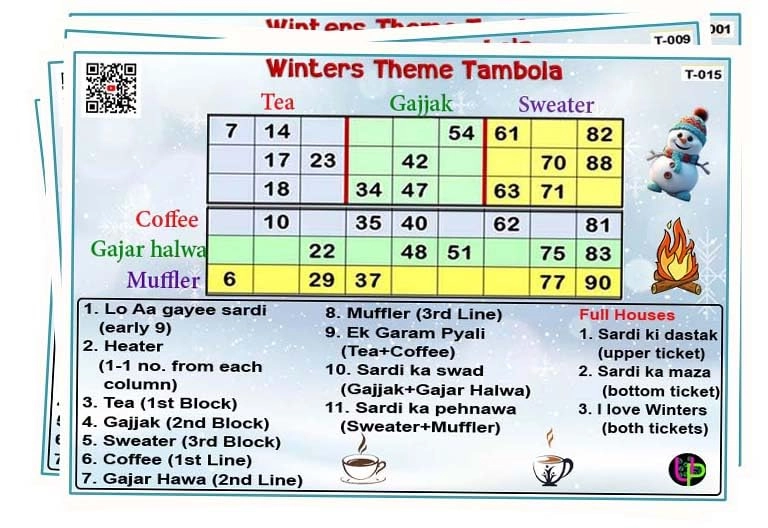 Cozy Winters Theme Tambola Tickets - Hindi Adult 15 Tickets