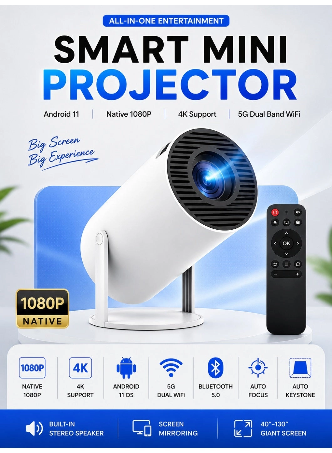 Eworld Smart Mini Projector 120 ANSI Lumens 1920 × 1080