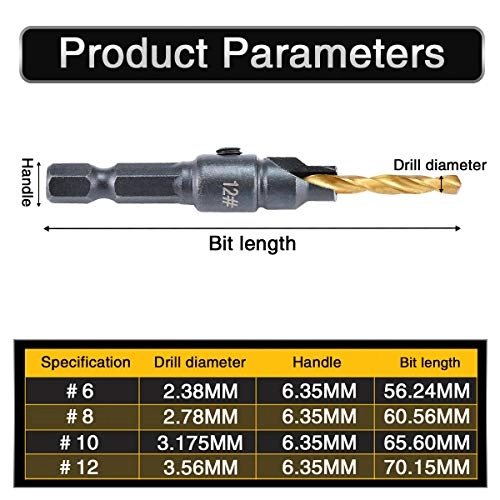 Countersink Drill Bit Set - high speed steel + carbon steel 4 PIECES #6,#8,#10,#12