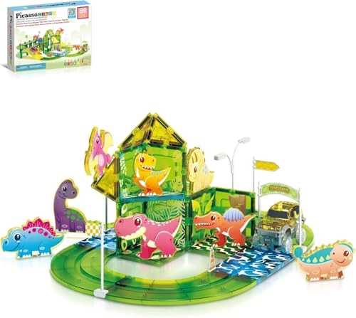Dinosaur Magnetic Tile Race Car Track - 89 pcs
