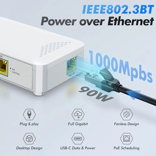 PoE to USB C Switch - 60W 802.3af/at 1000 Megabits Per Second