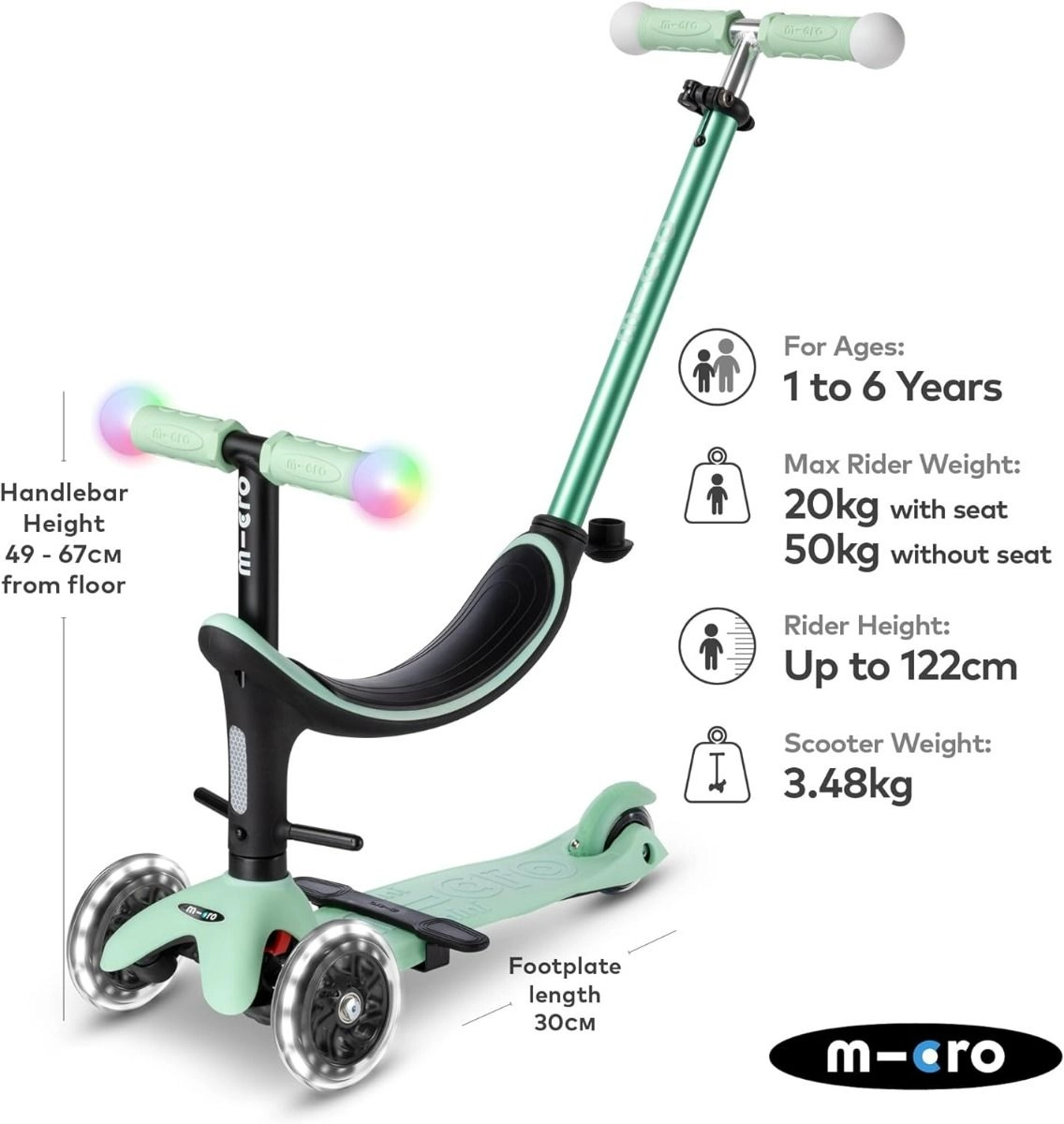 Mini 2Grow Deluxe Magic 3-Wheel Kick Scooter – 120/85mm LED