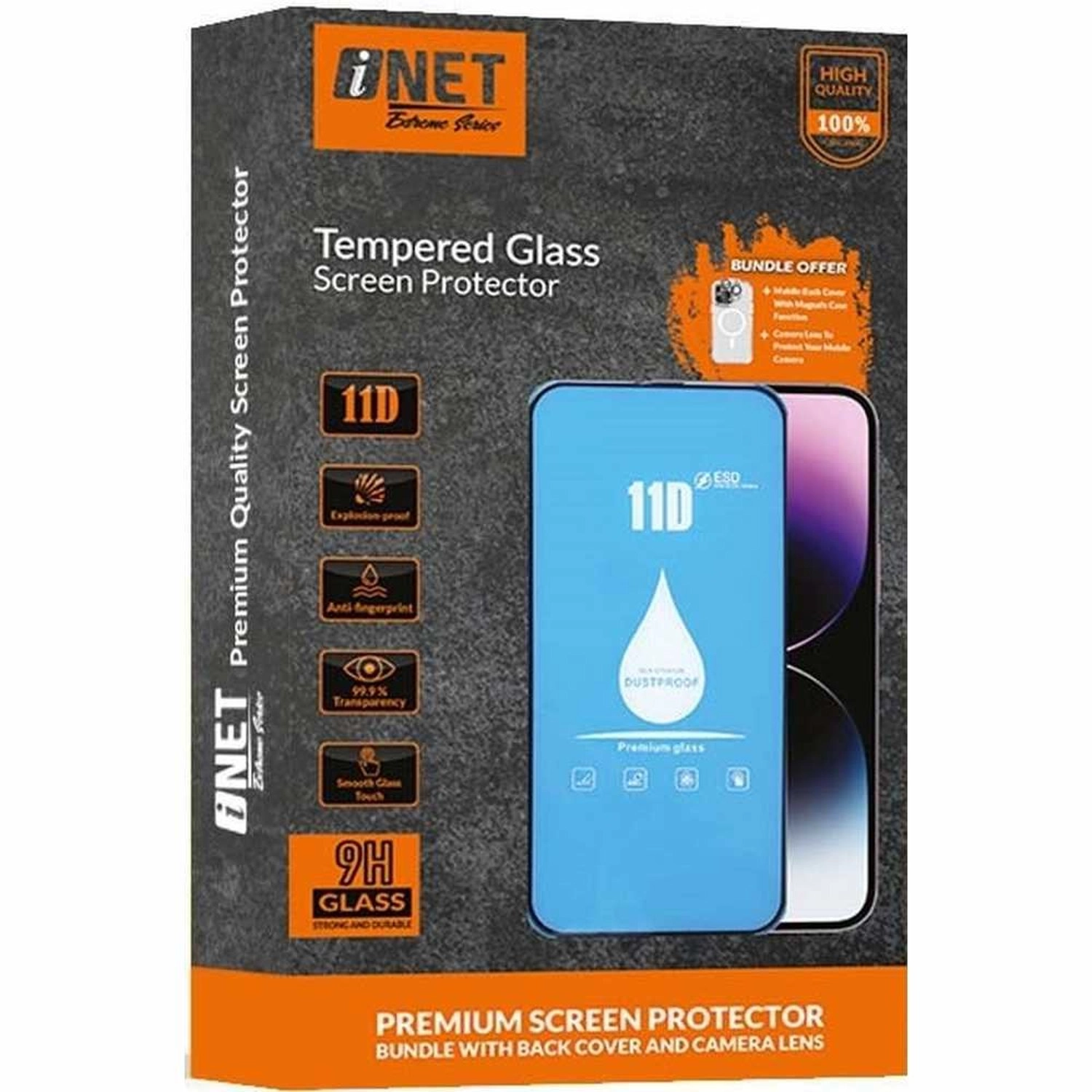 Inet Full Glue Clear Temper Glass Screen Protector + Back Protector + Camera Lens Protector for iPhone 15 Plus