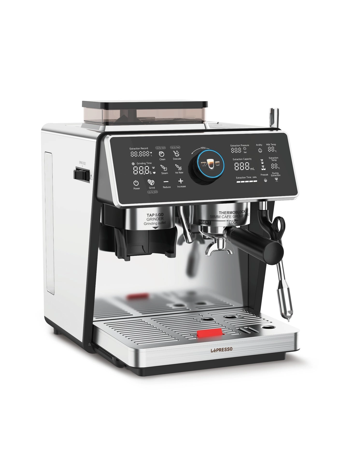 LePresso LPCFFVSA0047SL - Dual Boiler Dual Pump Touch Display Conical Burr Grinder Milk Steamer