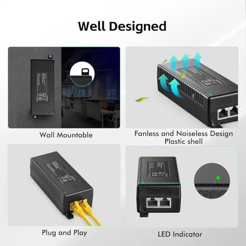 2.5 Gigabit PoE+ Injector - 48V 60W 1 802.3af/at/bt 2500 Megabits Per Second