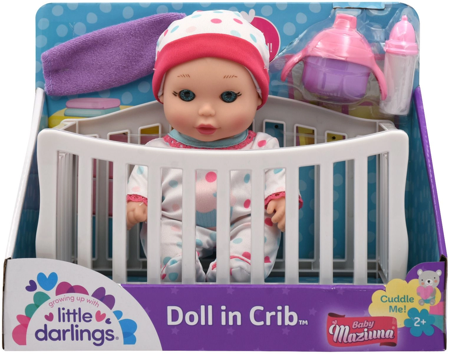 Little Darlings Doll - 8" fully poseable + Crib + blanket + milk bottle + sippy cup Ages 2+