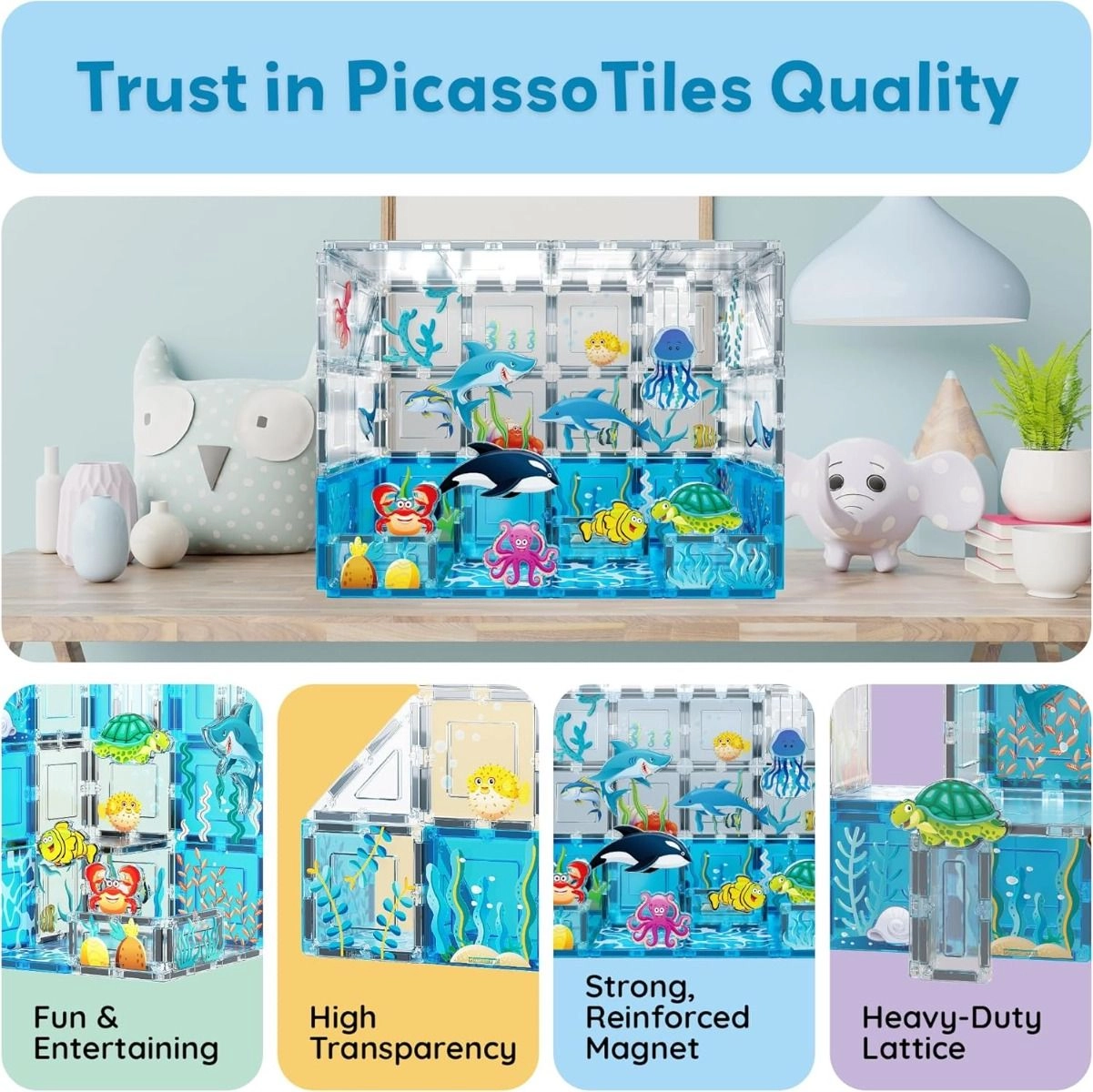 Magnetic Tiles Aquarium Marine Animal Set - Orca Shark Dolphin Jellyfish Sea Turtle Crab Octopus Fish Aquarium Marine 52 pcs