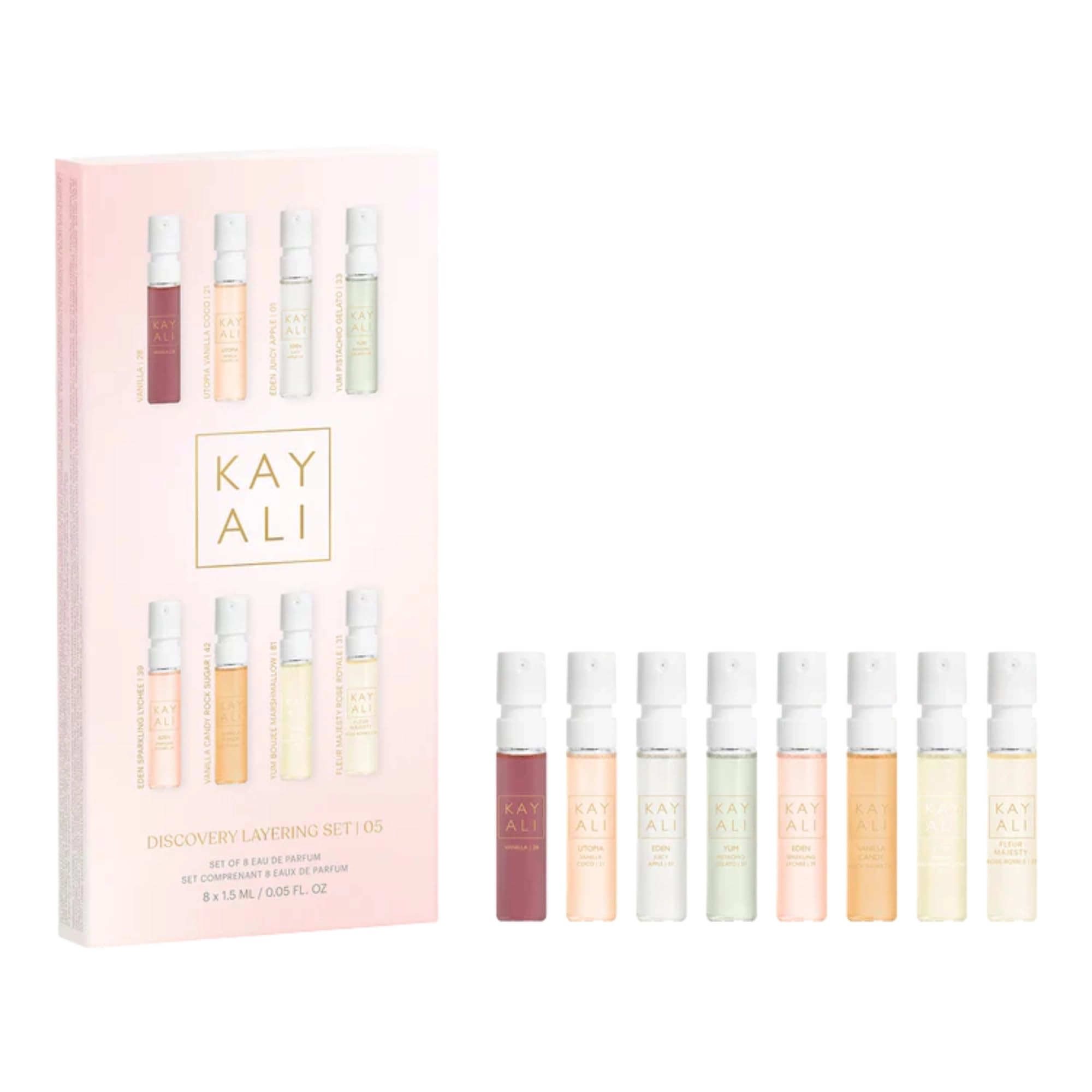 KAYALI Vanilla 28 - 1.5ml + Yum Pistachio Gelato 33 - 1.5ml + Eden Juicy Apple 01 - 1.5ml + Eden Sparkling Lychee 39 - 1.5ml + Vanilla Candy Rock Sugar 42 - 1.5ml + Yum Boujee Marshmallow 81 - 1.5ml