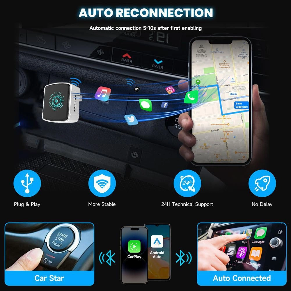 Wireless CarPlay Adapter - 2-in-1 Mini USB/USB-C Plug & Play