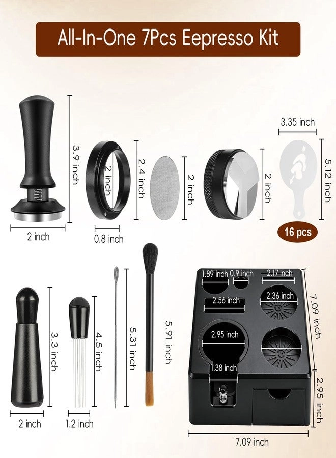 Knock Box + Espresso Tool Kit + Espresso Tamping Station + Distributor + Stirrer + Dosing Funnel + Needle Distributor + Puck Screen + Cleaning Brush + Latte Art Pen