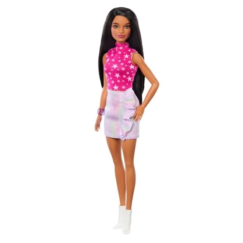Barbie Fashionistas - Black Straight Hair Pink Star-Print Top Iridescent Skirt Ages 3+