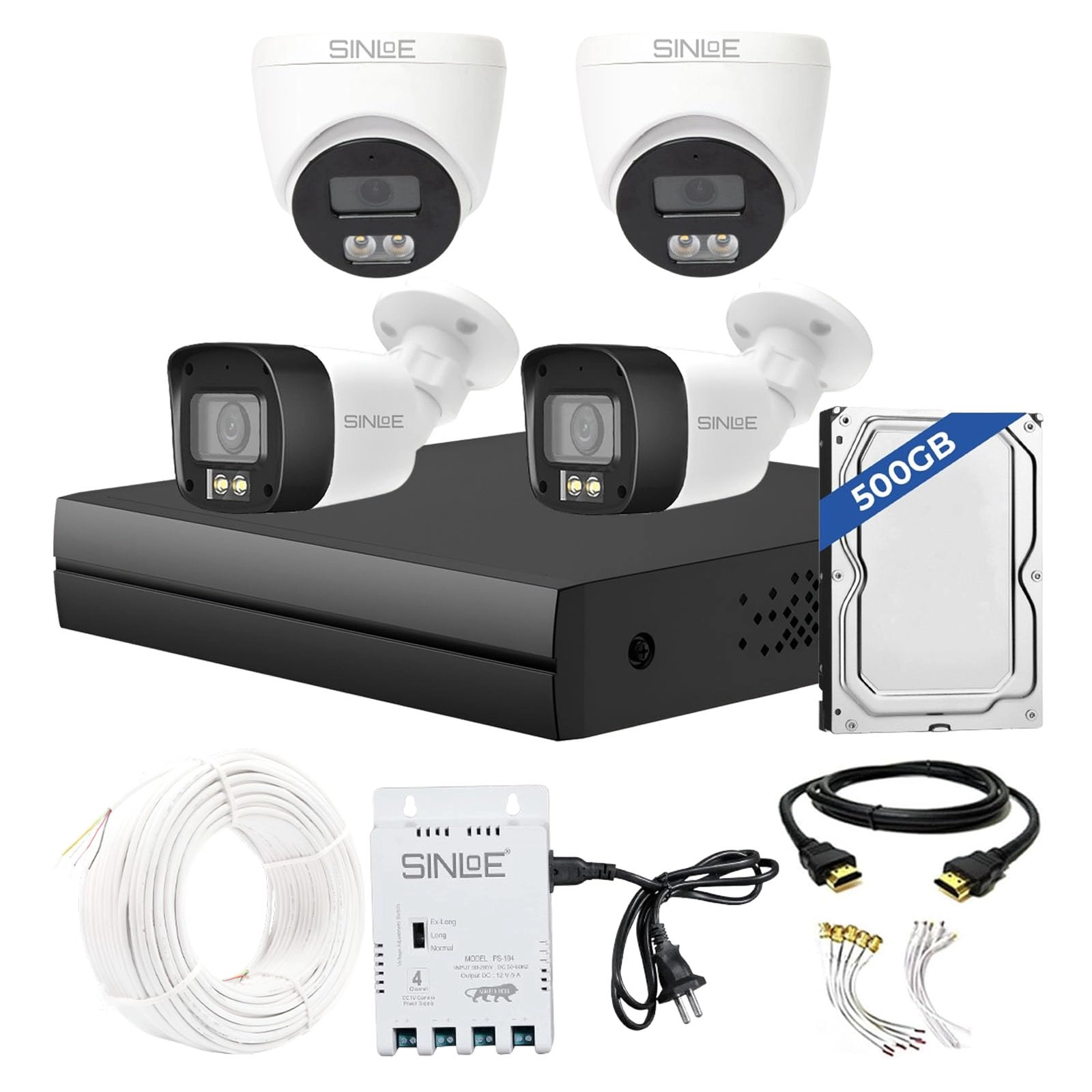 SINLOE 4CH DVR - 1080P + 2MP Bullet Camera + 2MP Dome Camera + 500GB Hard Drive