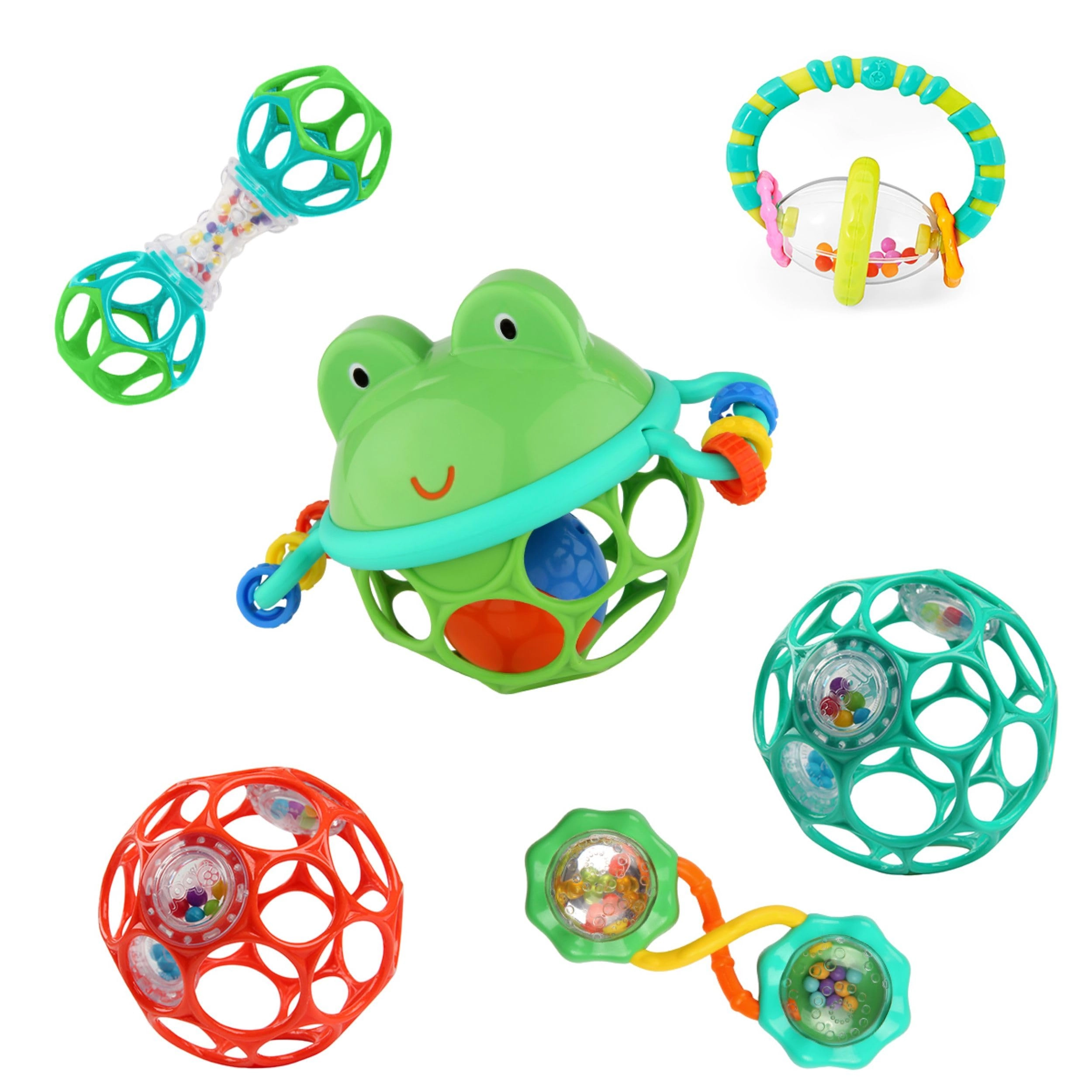 Kids2, Inc. Grab & Spin Rattle and Teether Toy + Rattle & Shake Barbell Toy + Oball Shaker Toy + Oball Jingle & Shake Pal + Oball Rattle Easy-Grasp Toy