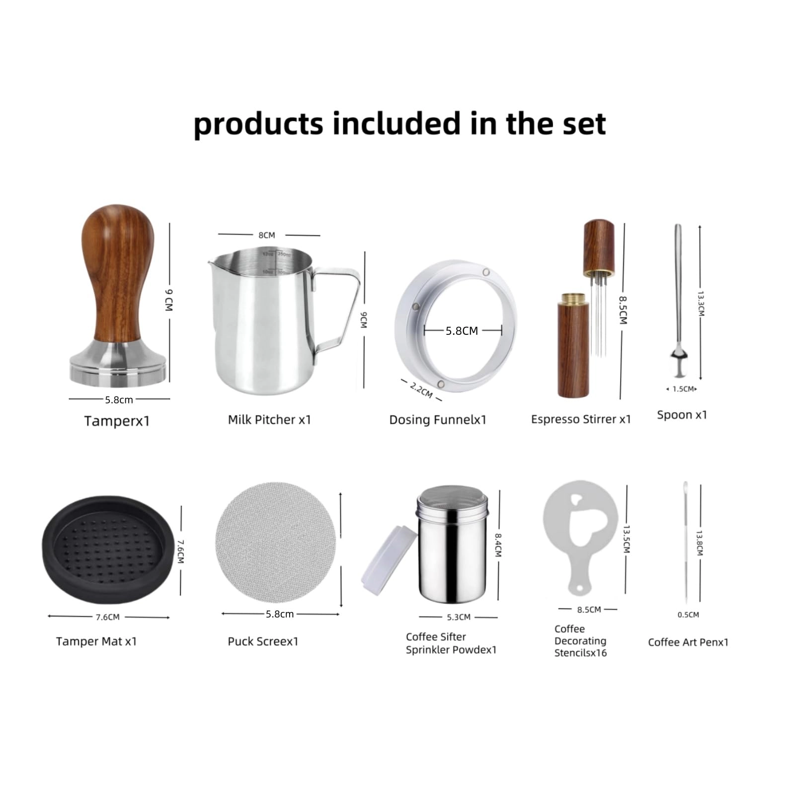 58mm Coffee Tamper + WDT Tool + Tamper Mat + Frothing Pitcher - 350ml + Decorating Stencils + Latte Art Pen + Coffee Stirring Spoon + Dosing Funnel + Coffee Sifter