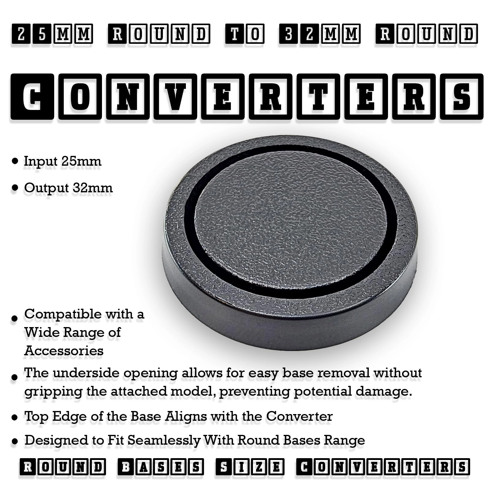 25 to 32mm Round Base Converters - 100 pcs Compatible with square and other shapes