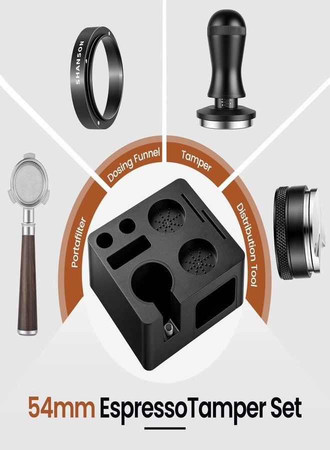 Espresso Accessories Kit + Compact Espresso Tamper Set - 54mm + Distributor + Bottomless Portafilter + Dosing Funnel + Station