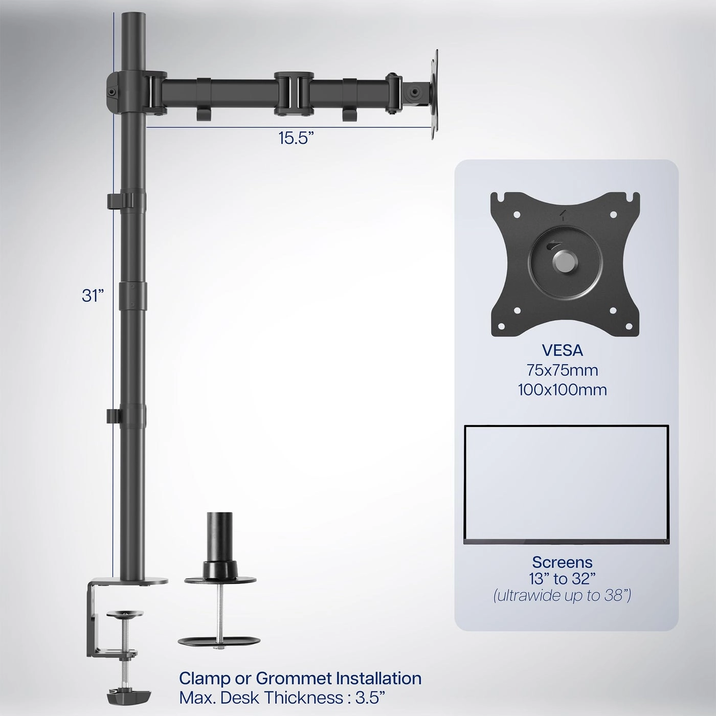 Single Monitor Desk Mount - Single 13 to 38 inch 75x75mm and 100x100mm