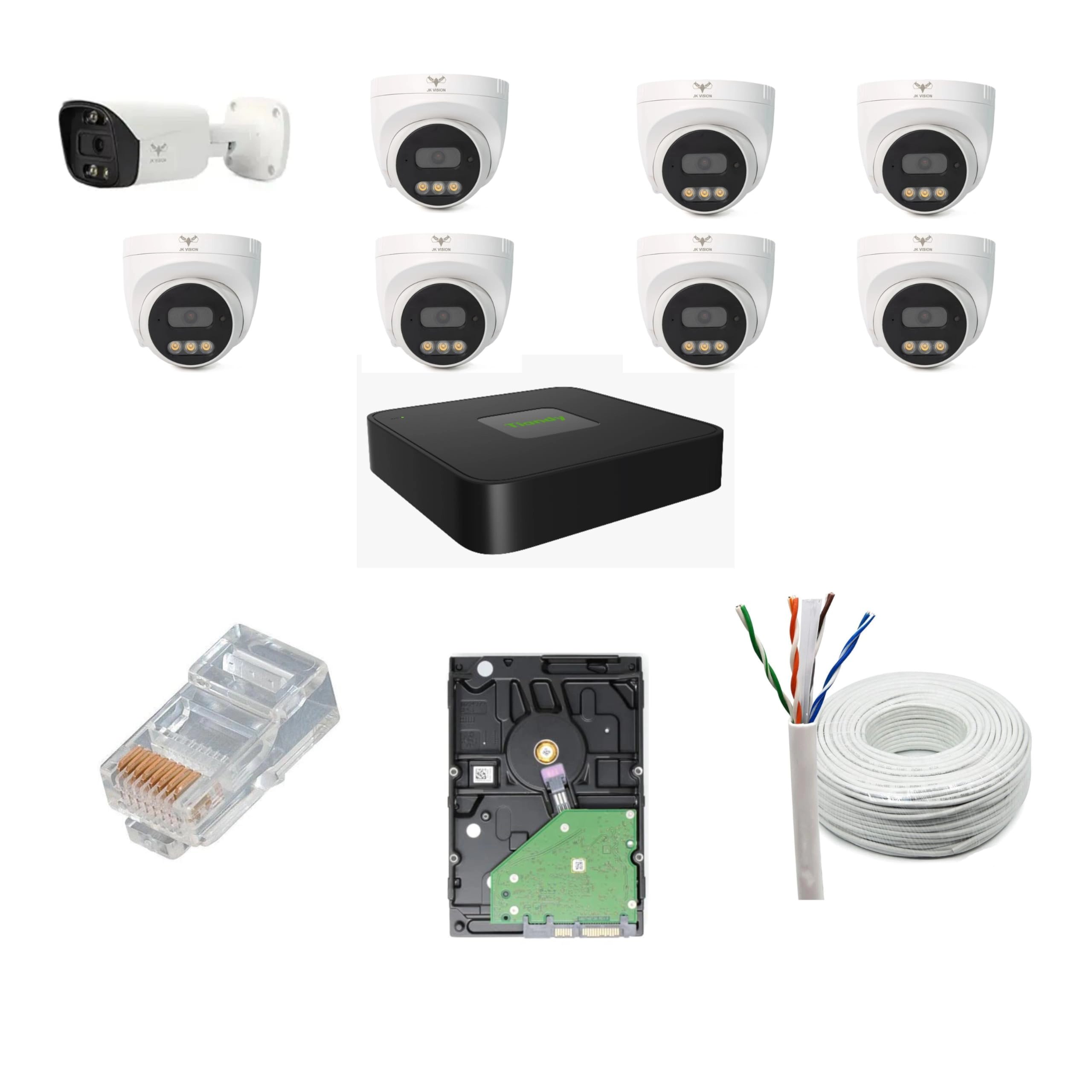 JK Vision 5MP IP Bullet + 5MP IP Dome + 8 Channel NVR + 8 Port POE + 2TB Hard Disk + Cat6 Cable 100 Meter + RJ45 Connector