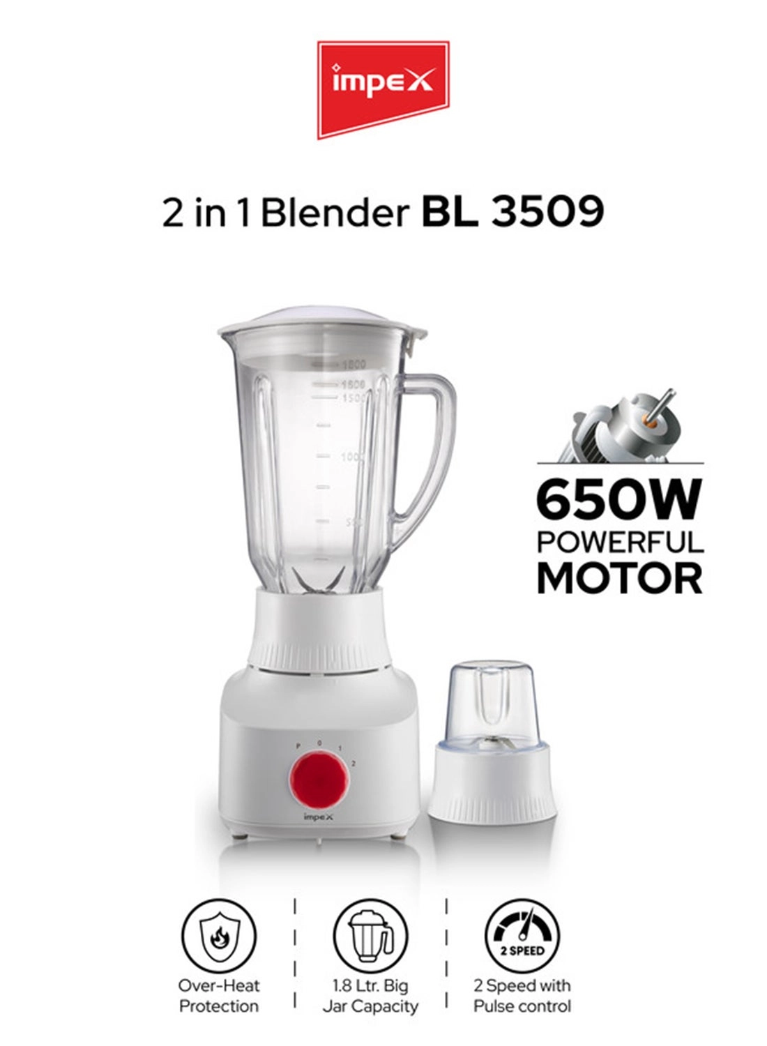 IMPEX BL 3509 - 2 in 1 Blender & Grinder 2-Speed Control with Pulse Motor Overheat Protection