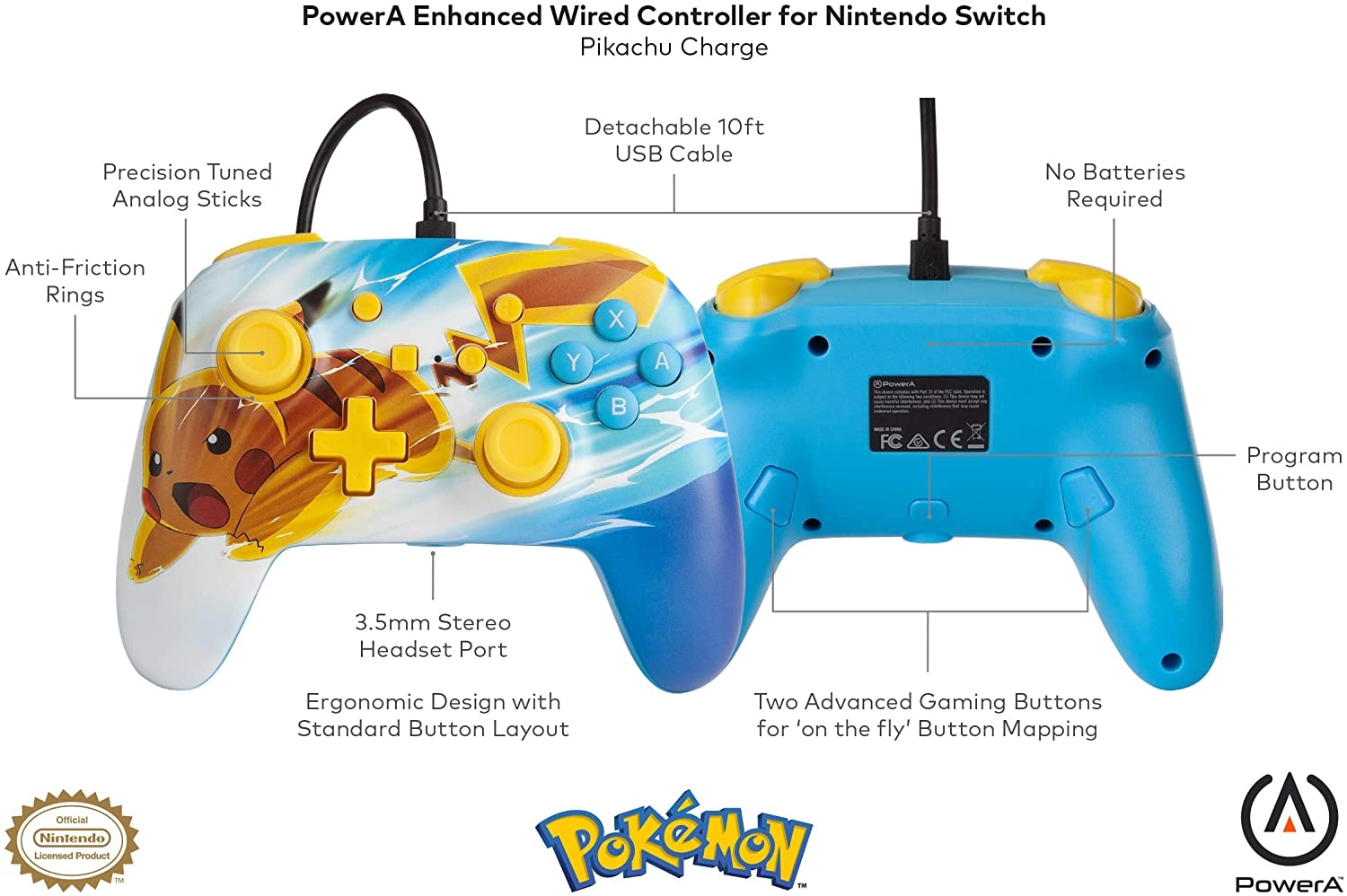 Pikachu Charge Pokémon Enhanced Wired Controller - Switch