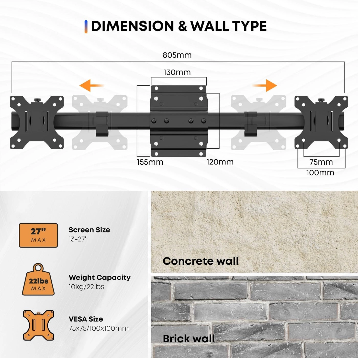 Monitor Wall Mount Dual - 24 inch to 38 inch 75 x 75 mm, 100 x 100 mm