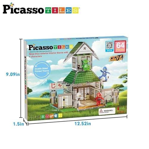 Magnet Tile Building Blocks - 4 Character Action Figure Ninjas Ninja Dojo House 64 pcs