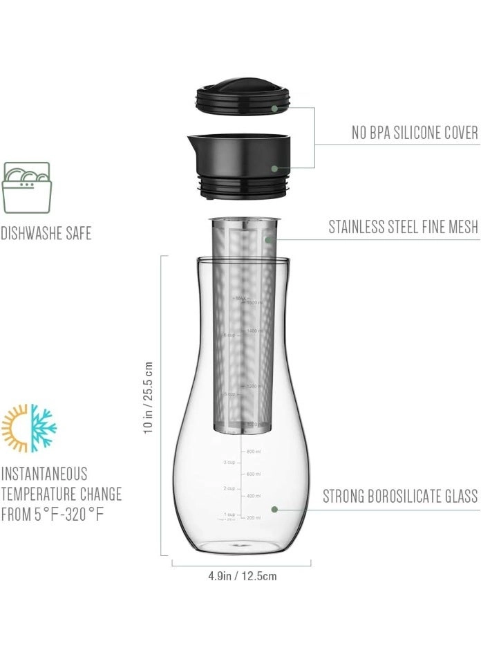 Cold Brew Pitcher - Airtight Glass Removable Stainless Steel Filter