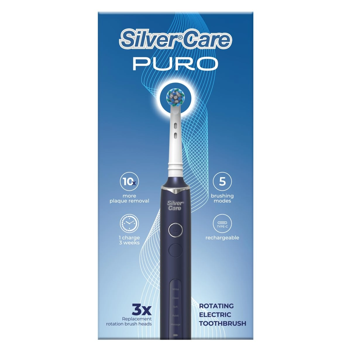 Silver Care Puro - Rotating Electric Toothbrush 3 Interchangeable Heads