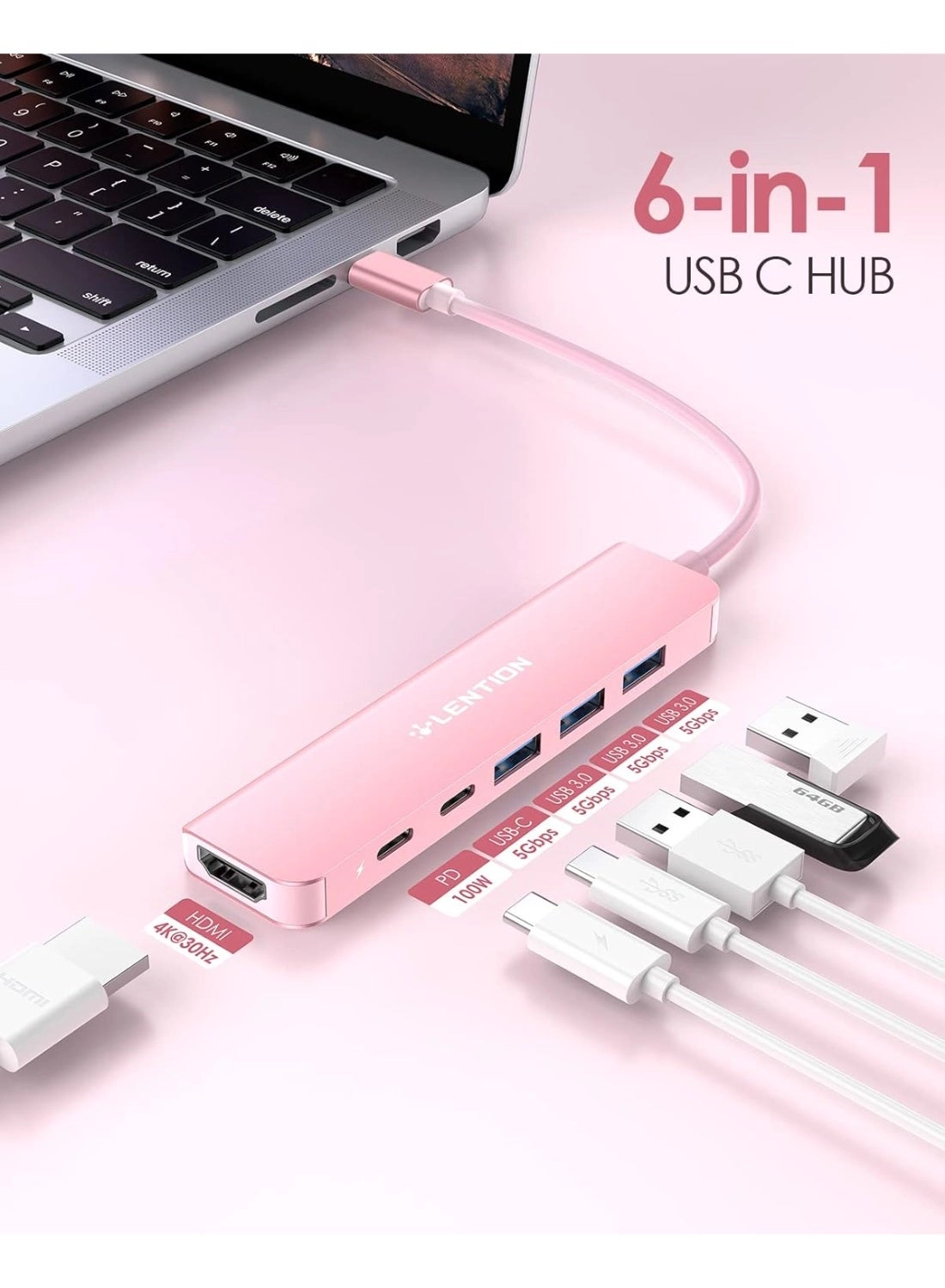USB C Hub - 6 in 1 4K HDMI 100W PD