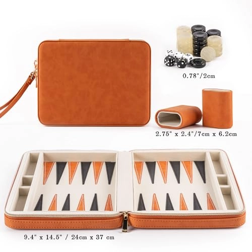 Backgammon Set - Foldable Leather Backgammon Case 30 Artificial Horn Checkers