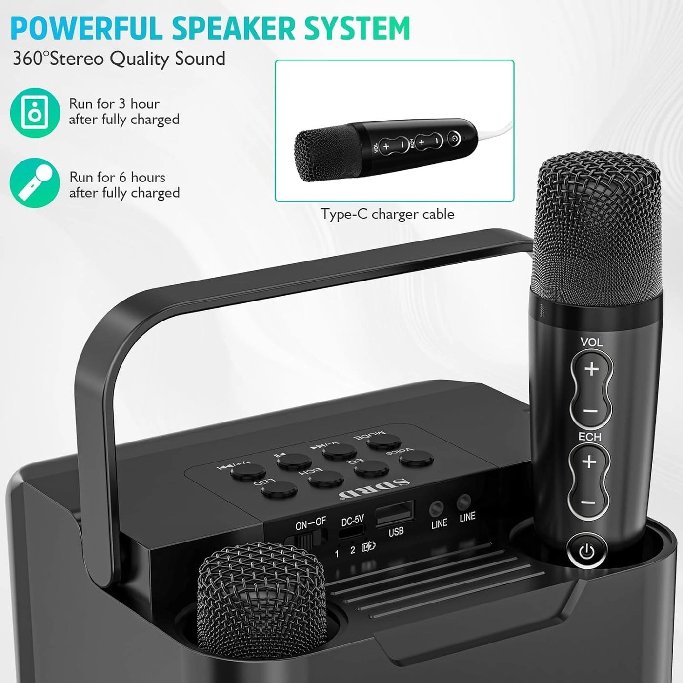 Portable Karaoke Machine - 2 Wireless Microphones